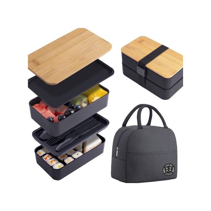 Bamboo Lid Double Layer Lunch Box With Insulated Bag And Cutlery - Black Bamboo Lid Double Layer Lunch Box With Insulated Bag And Cutlery - Black