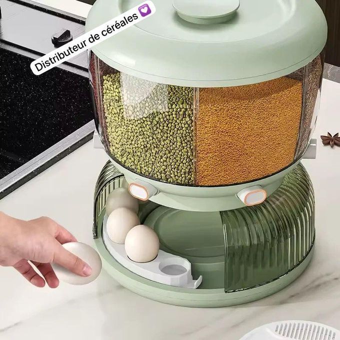 Distributeur de Cereales rotatifs à 360° - 6 compartiments - 6,4 kg avec boîte de rangement pour œufs Distributeur de Cereales rotatifs à 360° - 6 compartiments - 6,4 kg avec boîte de rangement pour œufs
