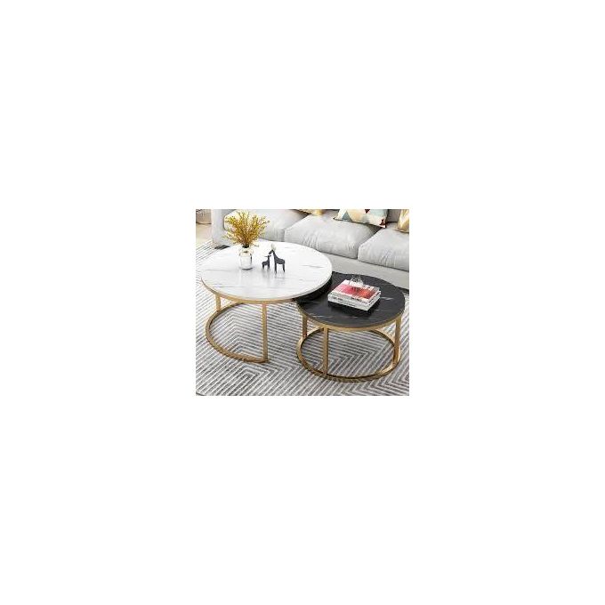 Ensemble de 2 tables basses Gigognes pour salon en metal et bois effet marbre Ensemble de 2 tables basses Gigognes pour salon en metal et bois effet marbre