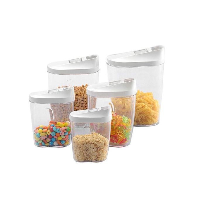 Ensemble De Cinq Boîtes De Rangement De Céréales De Cuisine Transparentes Pour La Maison Ensemble De Cinq Boîtes De Rangement De Céréales De Cuisine Transparentes Pour La Maison