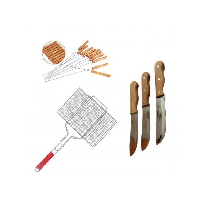 Grillage avec12 piques brochettes et 3 couteaux Grillage avec12 piques brochettes et 3 couteaux