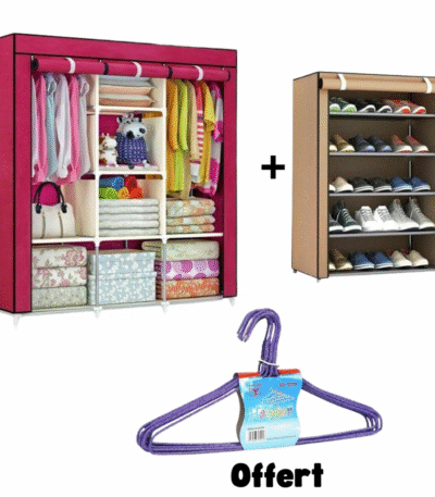 Pack armoire 3 battants housse plus rangement chaussure 5 étagère plus lot de 10 citres