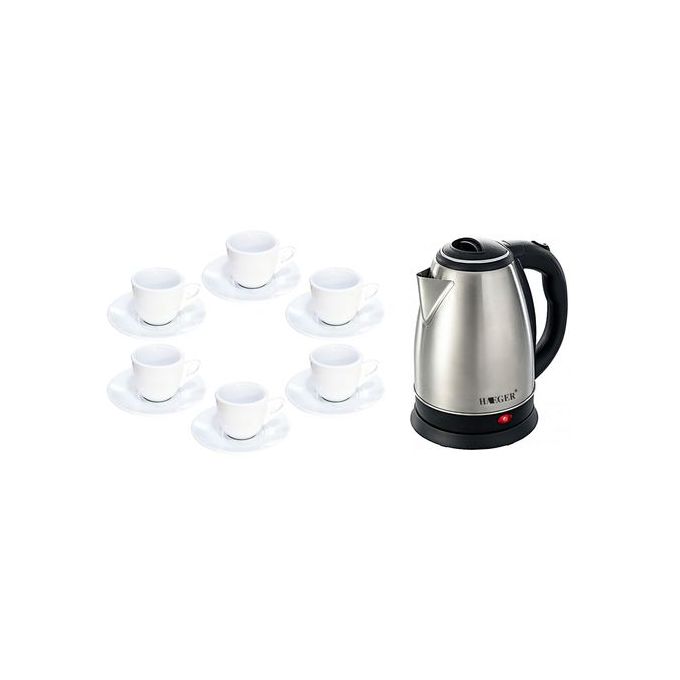 Pack: Bouilloire Électrique Haeger - 2000W - 2 Litres - Inox + Lot de 6 Tasses a Café avec Sous-Tasse - Blanc Pack: Bouilloire Électrique Haeger - 2000W - 2 Litres - Inox + Lot de 6 Tasses a Café avec Sous-Tasse - Blanc