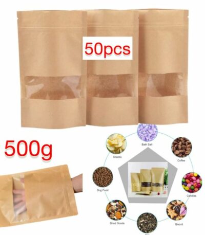 Paquet de 50pcs Sacs alimentaires 500g en papier kraft avec fermeture à glissière, réutilisables, sacs d'emballage alimentaire en papier kraft avec fenêtre transparente