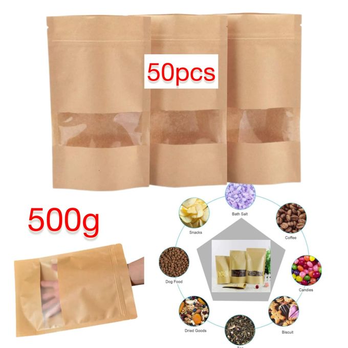 Paquet de 50pcs Sacs alimentaires 500g en papier kraft avec fermeture à glissière, réutilisables, sacs d'emballage alimentaire en papier kraft avec fenêtre transparente Paquet de 50pcs Sacs alimentaires 500g en papier kraft avec fermeture à glissière, réutilisables, sacs d'emballage alimentaire en papier kraft avec fenêtre transparente