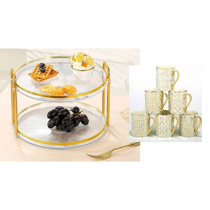 Plateau Moderne À Deux Niveaux Avec Poignées+6 TASSES DORES Plateau Moderne À Deux Niveaux Avec Poignées+6 TASSES DORES